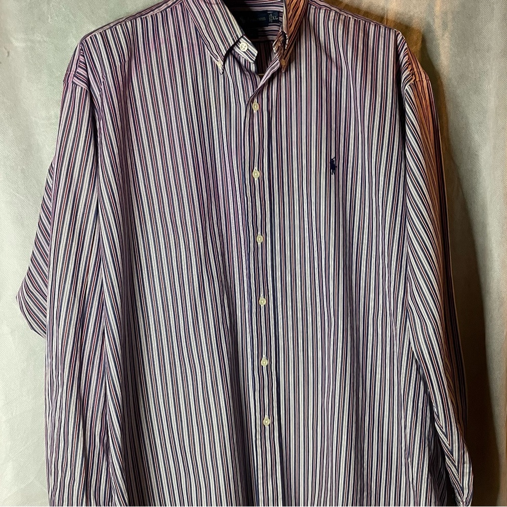 Ralph Lauren Men's Navy, Maroon and White Striped Button-Down Shirt XL
